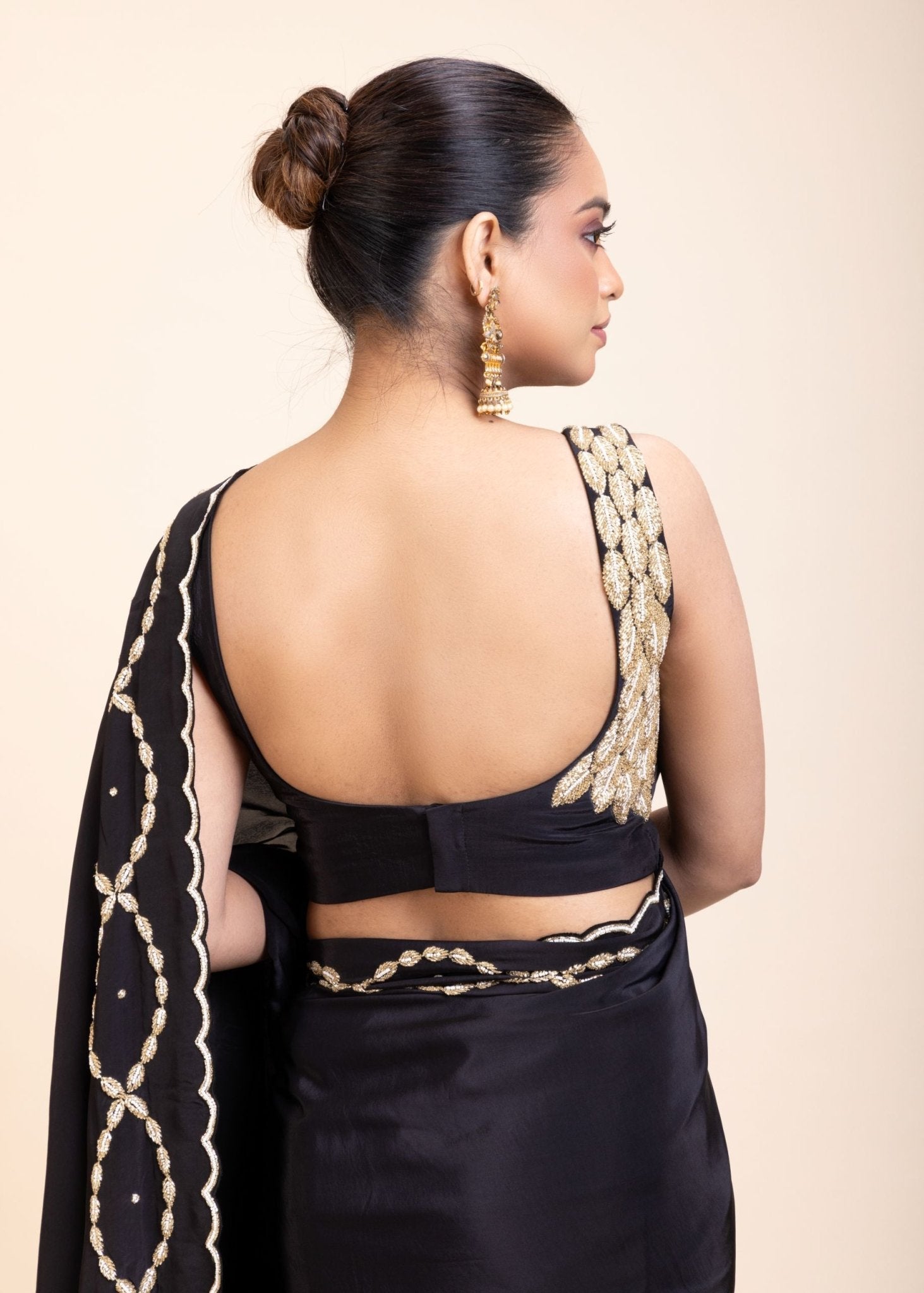 Black and Gold Designer Saree with Hand Embroidered Embellishment - Anvi Couture