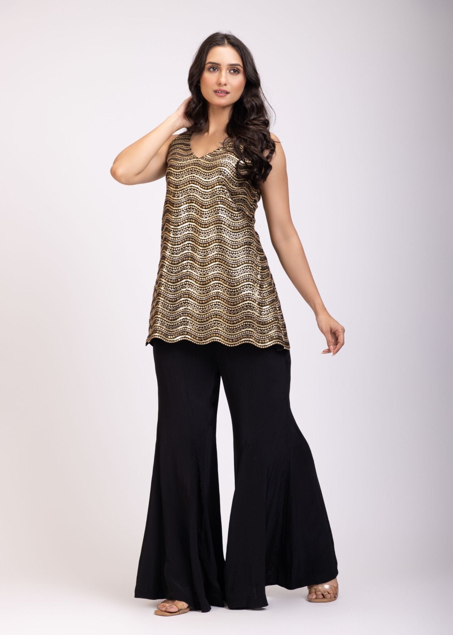 Black and Gold Sharara Set - Anvi Couture