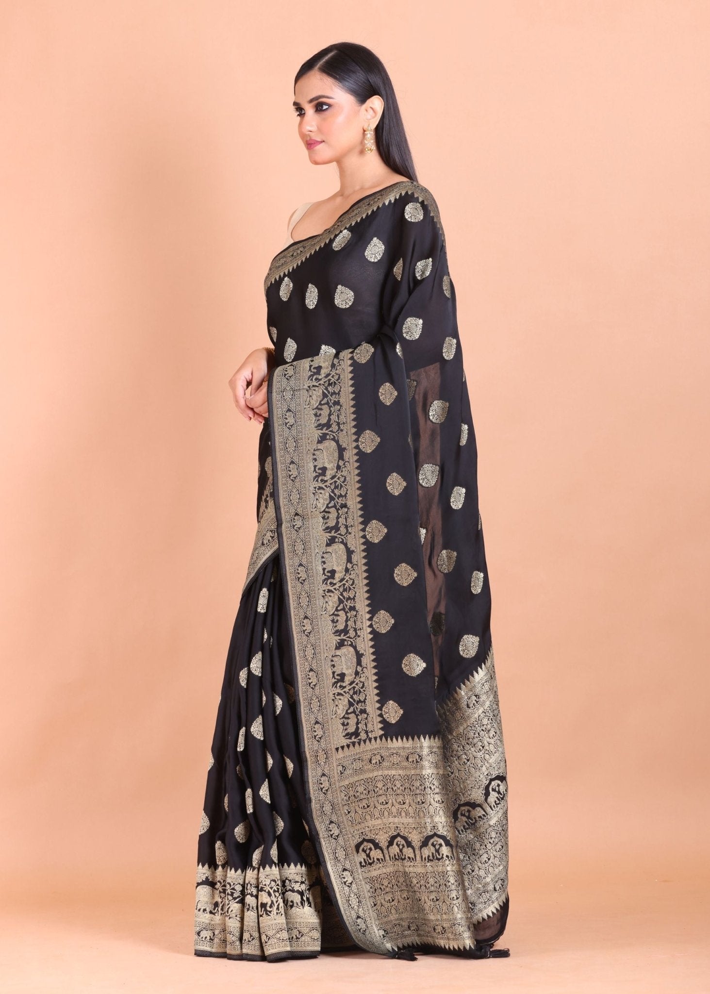 Black and Golden Banarasi Silk Saree - Anvi Couture