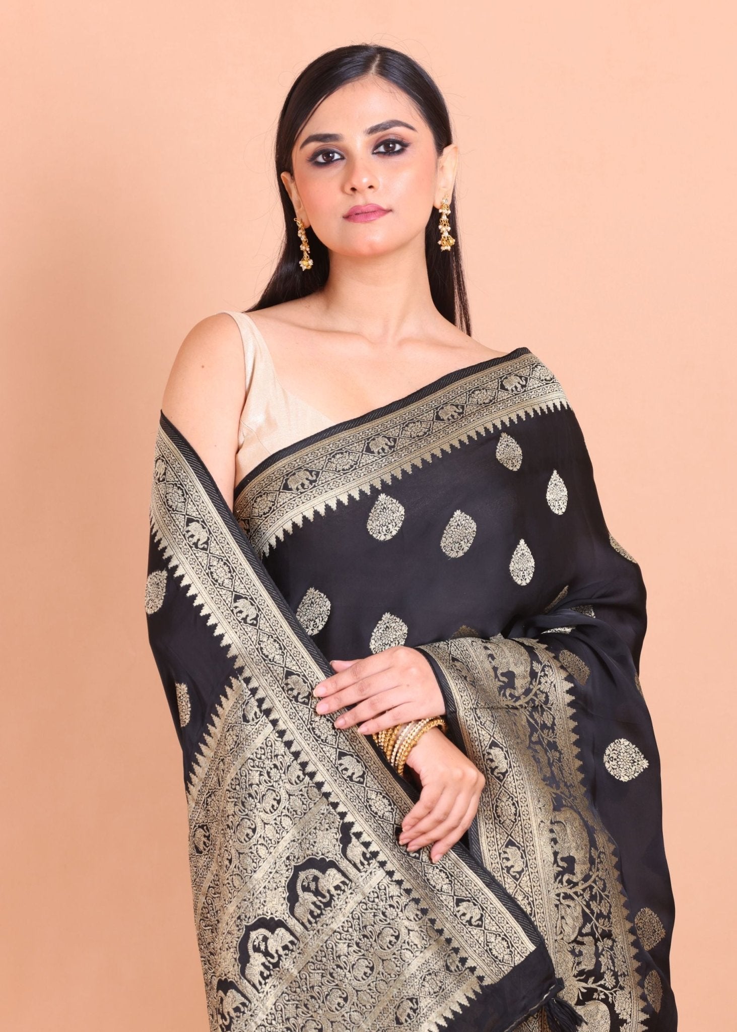 Black and Golden Banarasi Silk Saree - Anvi Couture
