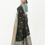 Black and Grey Pure Katan Banarasi Silk Saree - Back
