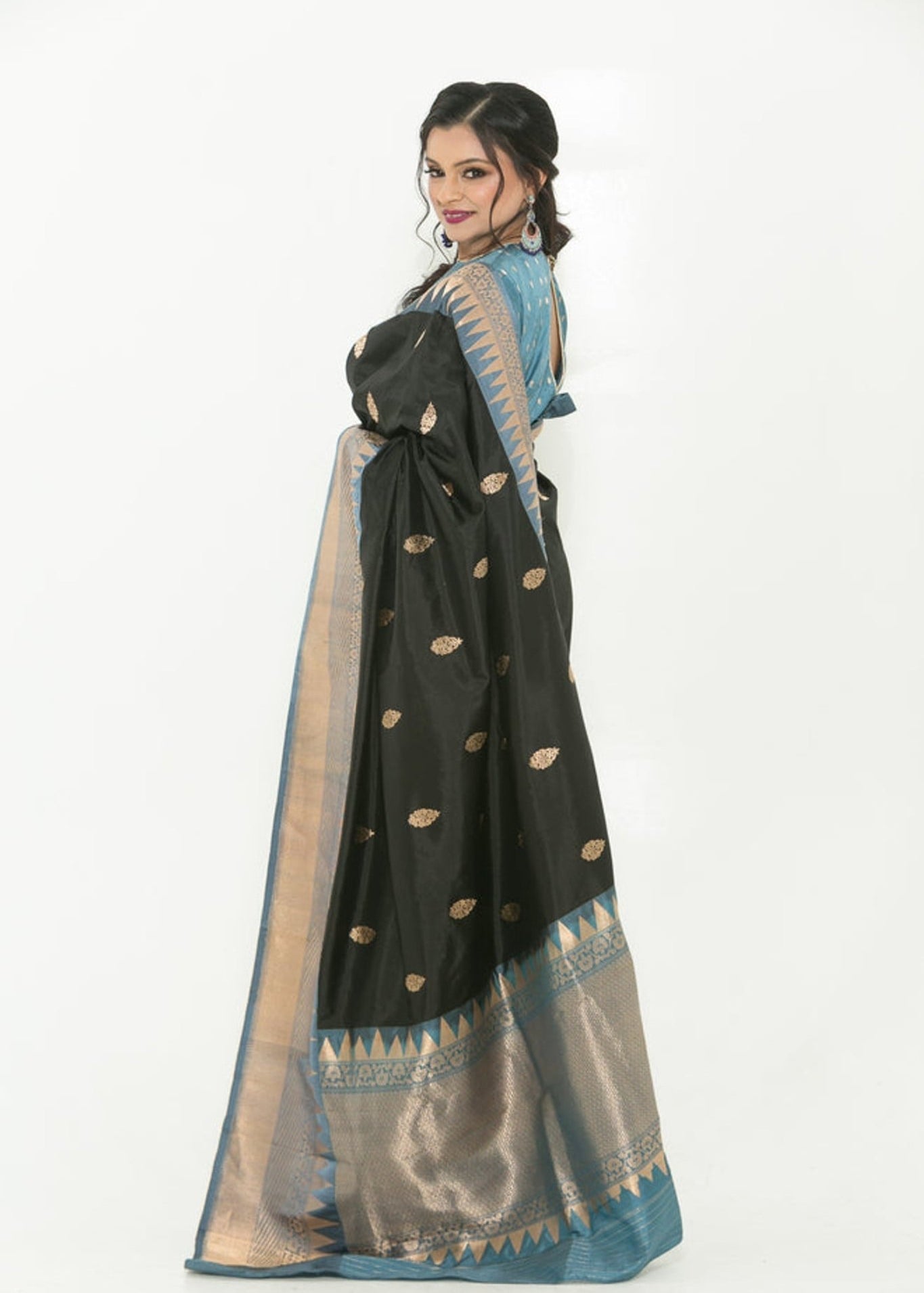 Black and Grey Pure Katan Banarasi Silk Saree - Back
