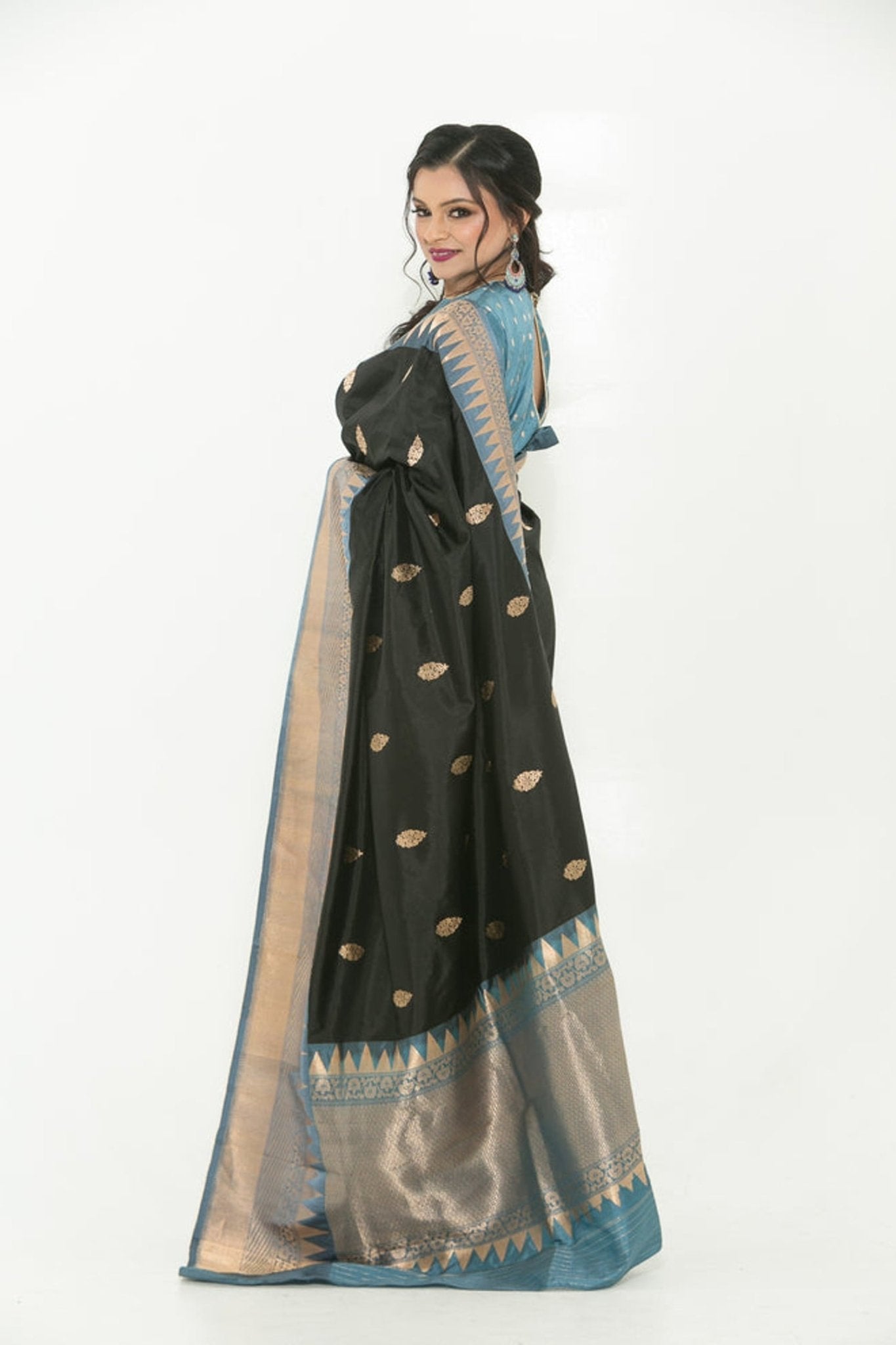 Black and Grey Pure Katan Banarasi Silk Saree - Back

