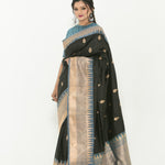 Black and Grey Pure Katan Banarasi Silk Saree -Side

