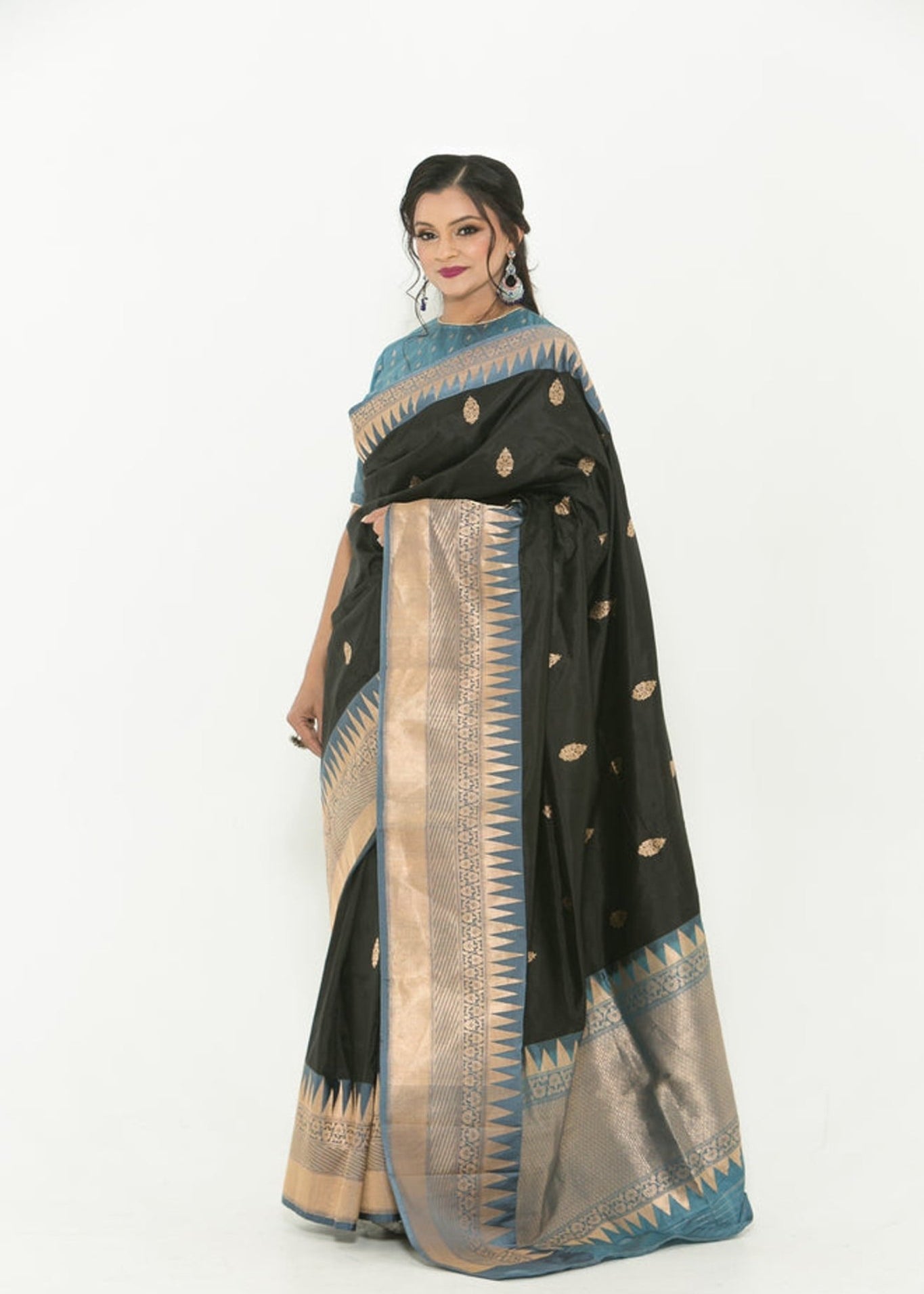Black and Grey Pure Katan Banarasi Silk Saree -Side
