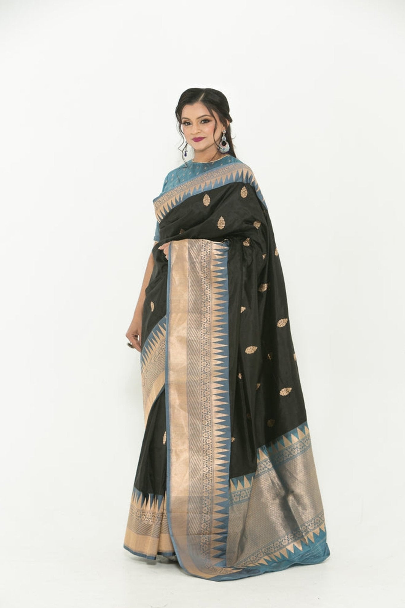 Black and Grey Pure Katan Banarasi Silk Saree -Side
