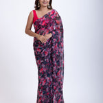 Black and Pink Floral Print Chiffon Saree Full