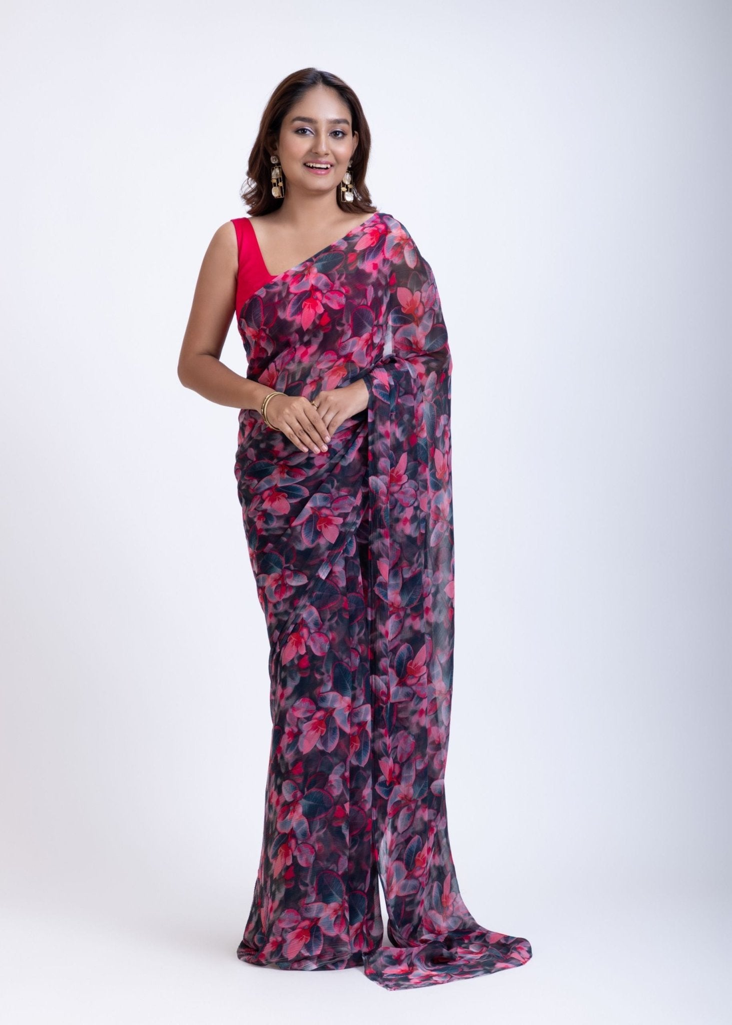 Black and Pink Floral Print Chiffon Saree - Anvi Couture