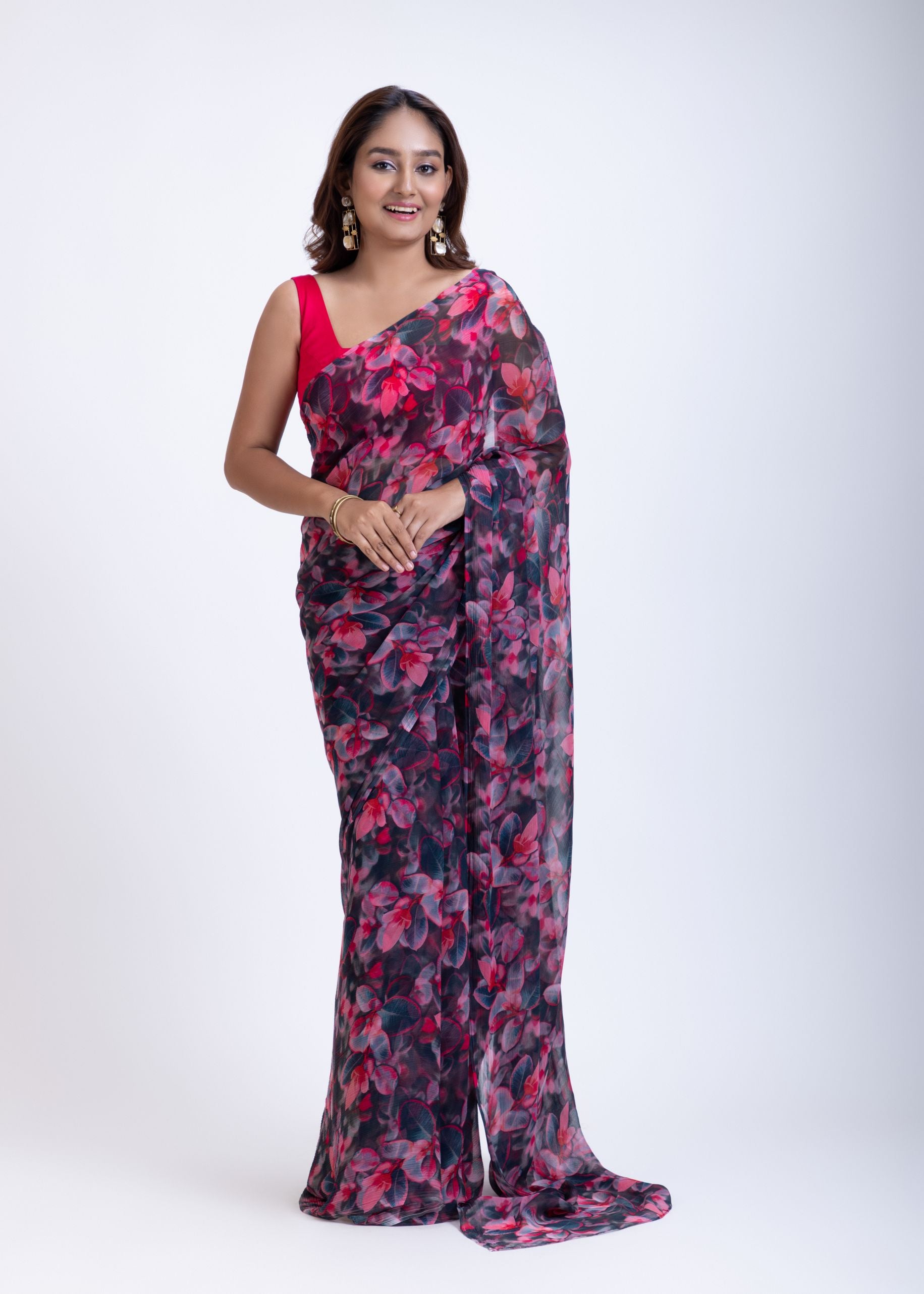 Black and Pink Floral Print Chiffon Saree Full