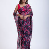 Black and Pink Floral Print Chiffon Saree Front