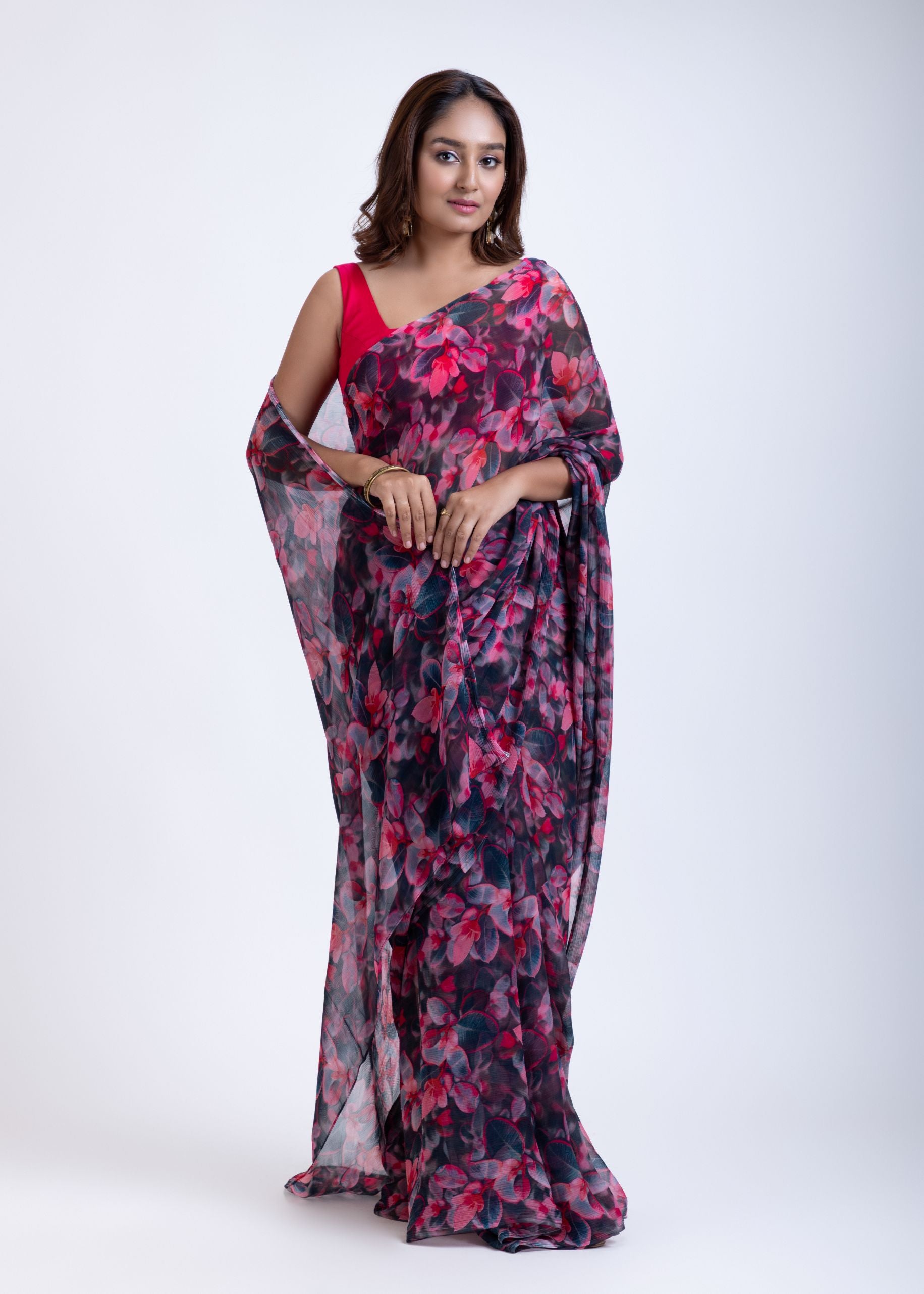 Black and Pink Floral Print Chiffon Saree Front
