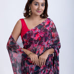 Black and Pink Floral Print Chiffon Saree Close Up