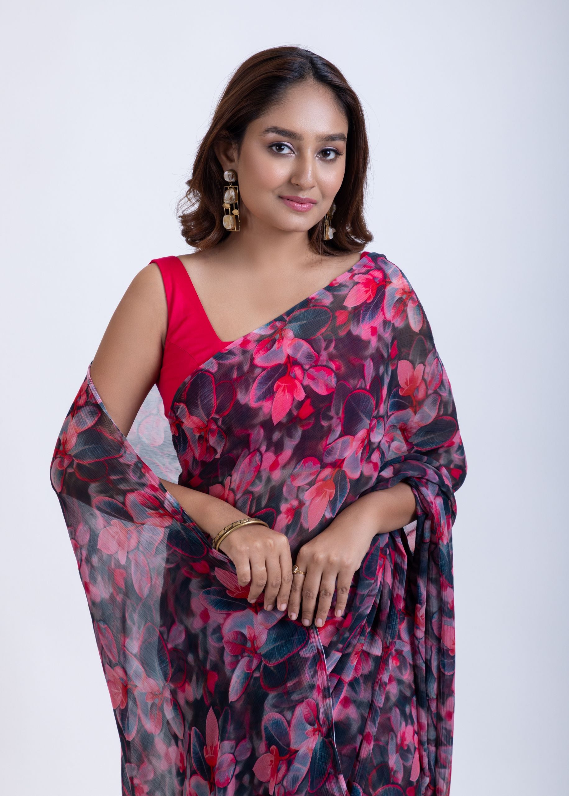 Black and Pink Floral Print Chiffon Saree Close Up