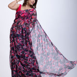 Black and Pink Floral Print Chiffon Saree Back