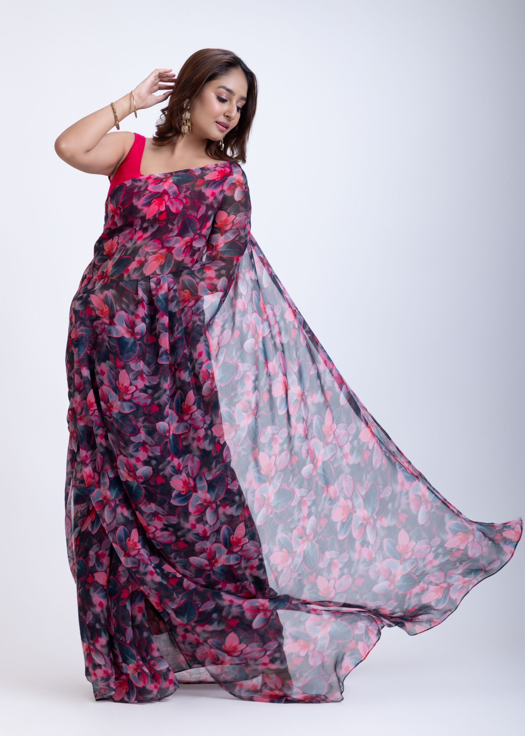 Black and Pink Floral Print Chiffon Saree Back