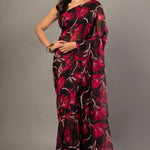 Black and Pink Floral Printed Georgette Saree - Anvi Couture