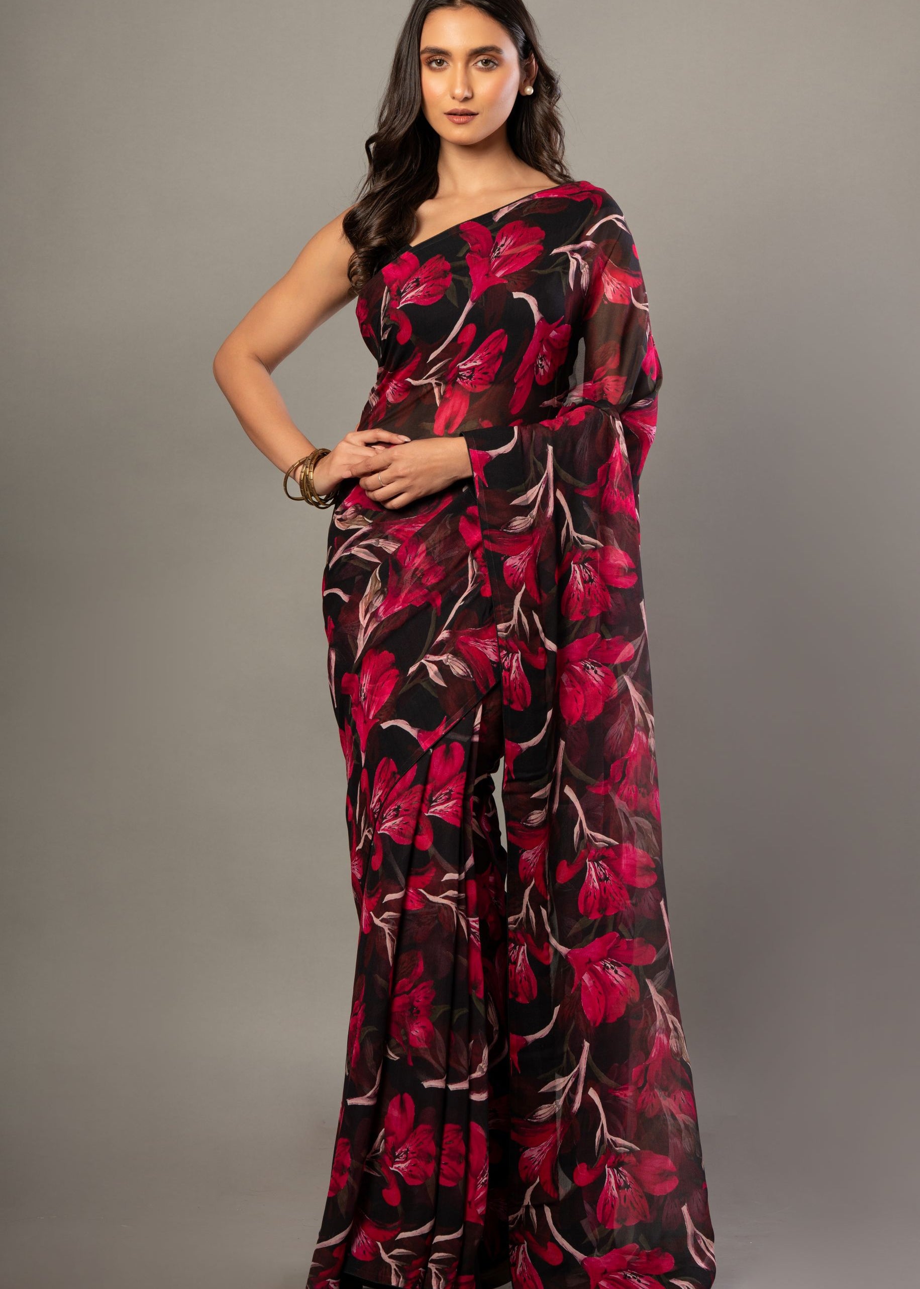 Black and Pink Floral Printed Georgette Saree 1
