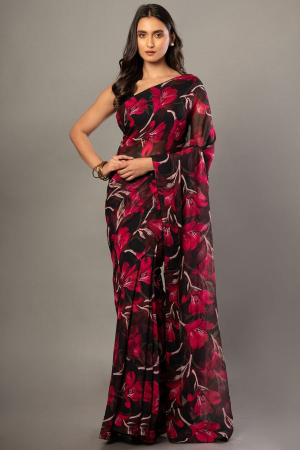Black and Pink Floral Printed Georgette Saree - Anvi Couture