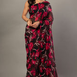 Black and Pink Floral Printed Georgette Saree - Anvi Couture