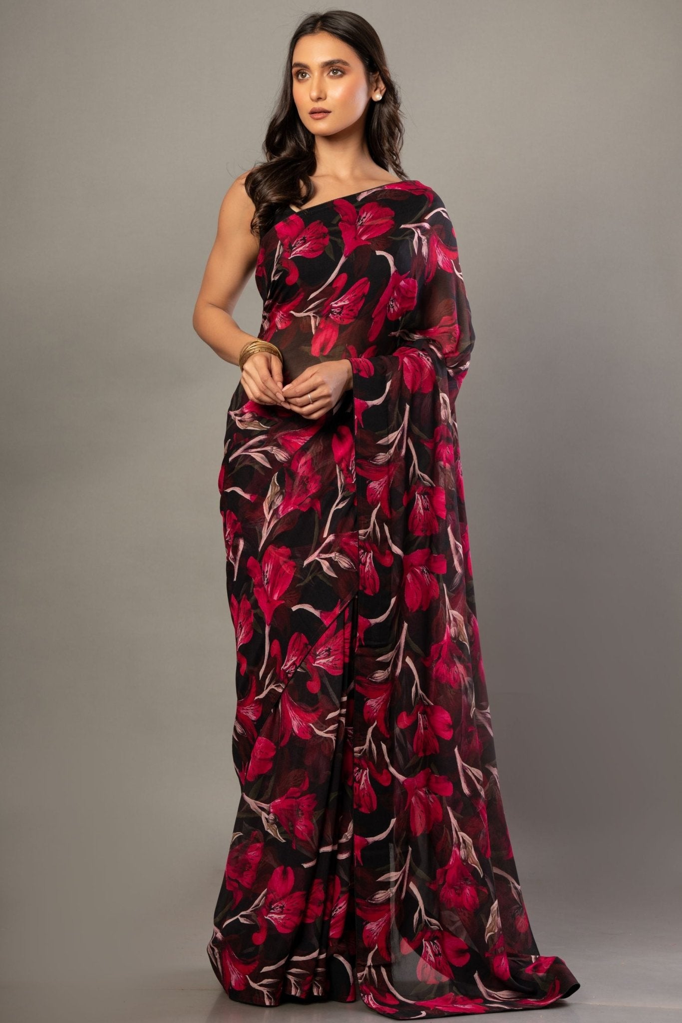Black and Pink Floral Printed Georgette Saree - Anvi Couture