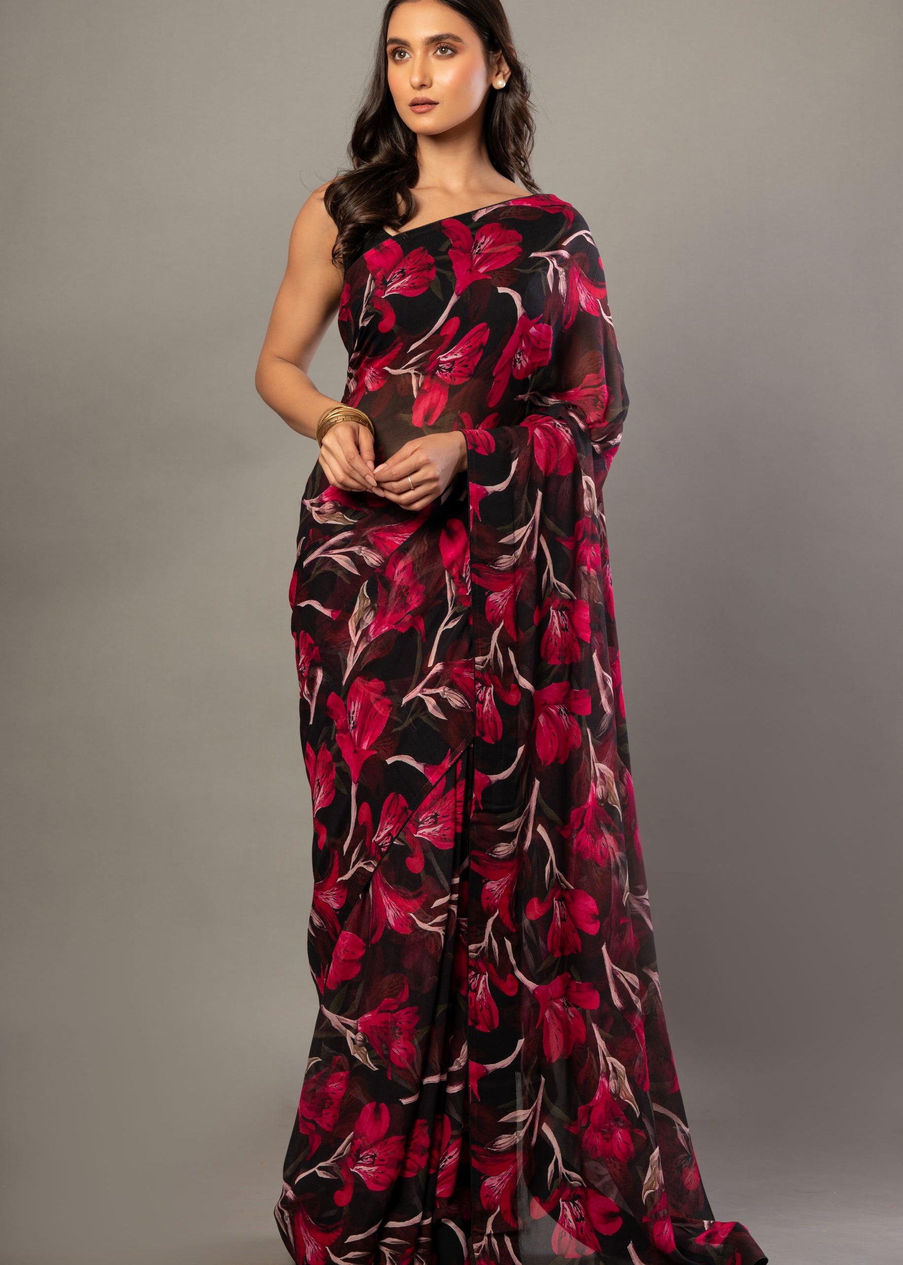 Black and Pink Floral Printed Georgette Saree 2
