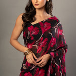 Black and Pink Floral Printed Georgette Saree - Anvi Couture