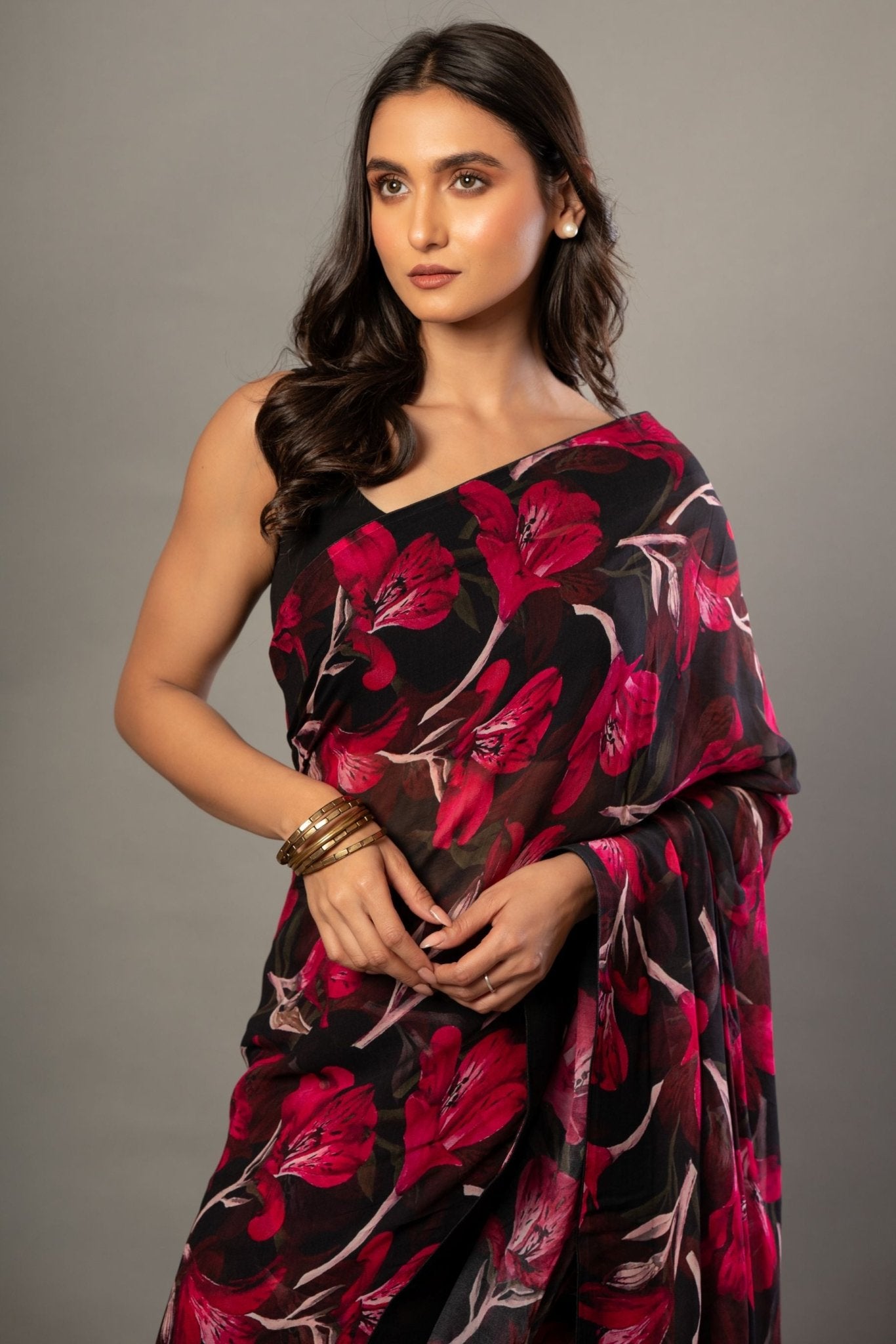 Black and Pink Floral Printed Georgette Saree - Anvi Couture
