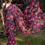 Black and Pink Floral Printed Georgette Saree - Anvi Couture