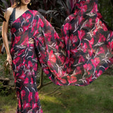Black and Pink Floral Printed Georgette Saree - Anvi Couture