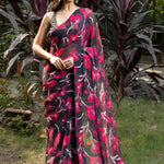Black and Pink Floral Printed Georgette Saree - Anvi Couture