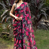 Black and Pink Floral Printed Georgette Saree - Anvi Couture
