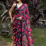 Black and Pink Floral Printed Georgette Saree - Anvi Couture