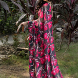 Black and Pink Floral Printed Georgette Saree - Anvi Couture