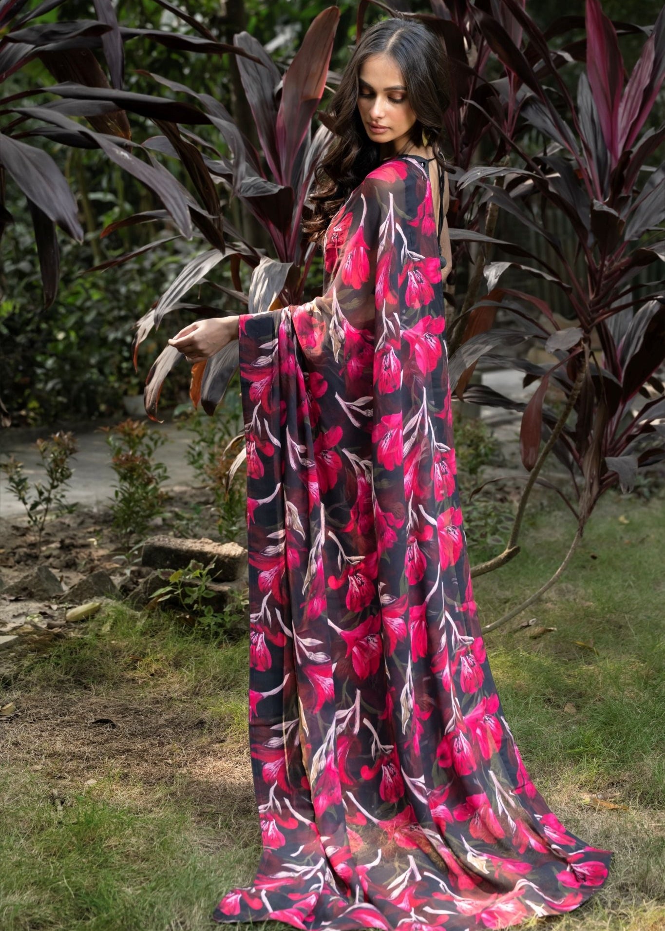 Black and Pink Floral Printed Georgette Saree - Anvi Couture