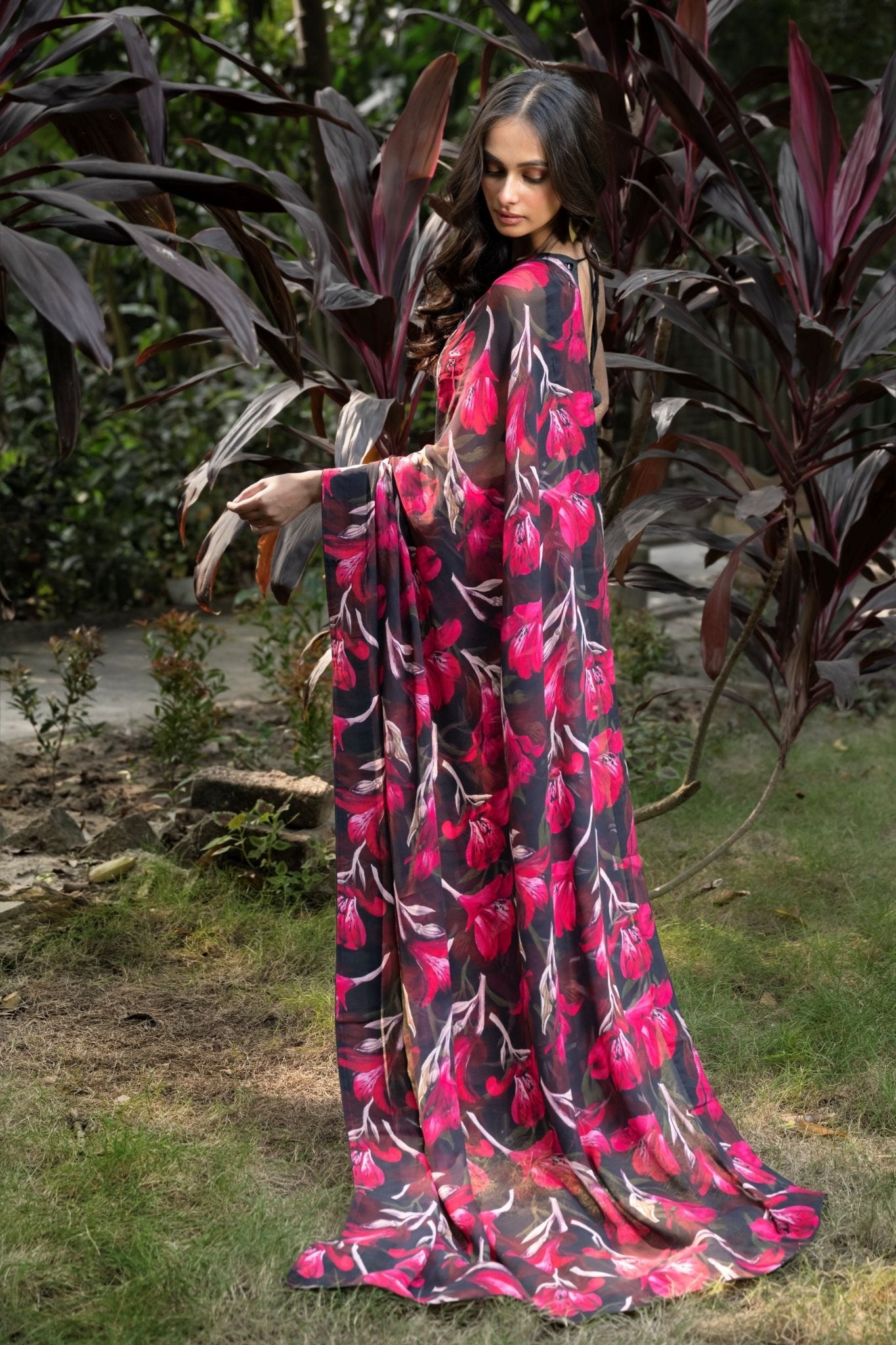 Black and Pink Floral Printed Georgette Saree - Anvi Couture