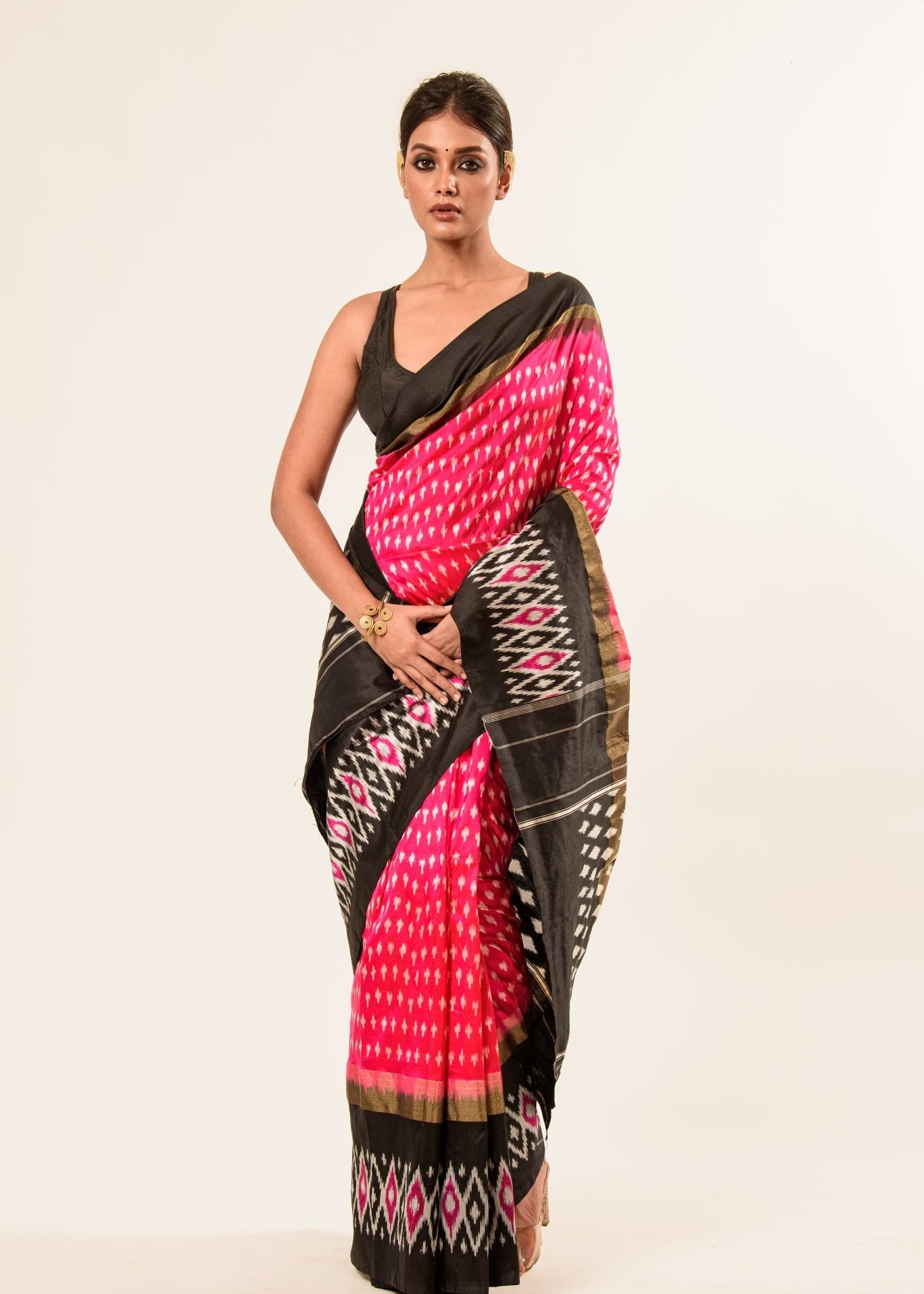 Black and Pink Ikkat Silk Saree -Anvi Couture