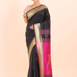 Black and Pink Paithani Silk Saree With Golden Border and Peacock Pallu full