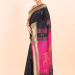 Black and Pink Paithani Silk Saree With Golden Border and Peacock Pallu front