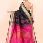Black and Pink Paithani Silk Saree With Golden Border and Peacock Pallu back