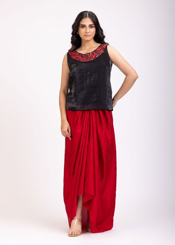Black and Red Embroidered Crop Top Drape Skirt Set - Anvi Couture