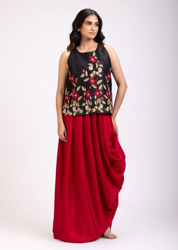 Black and Red Front Embroidered Crop Top Drape Skirt Set - Anvi Couture