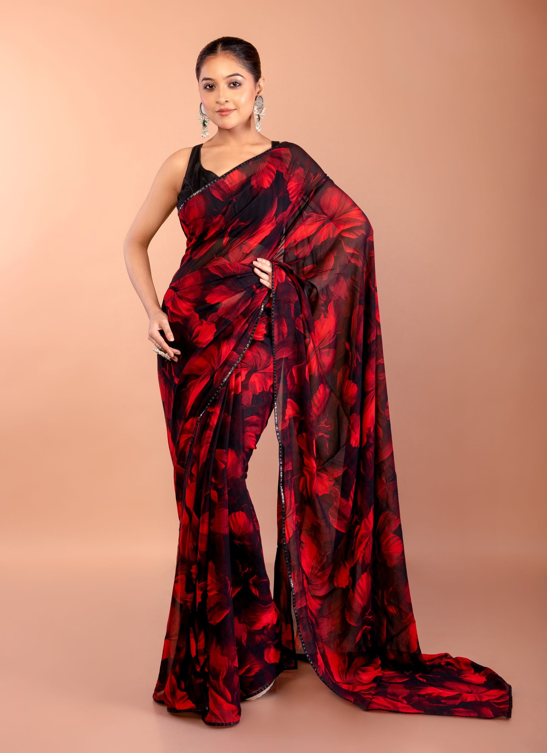Black and Red Georgette Printed Saree With Sequin Border Full
