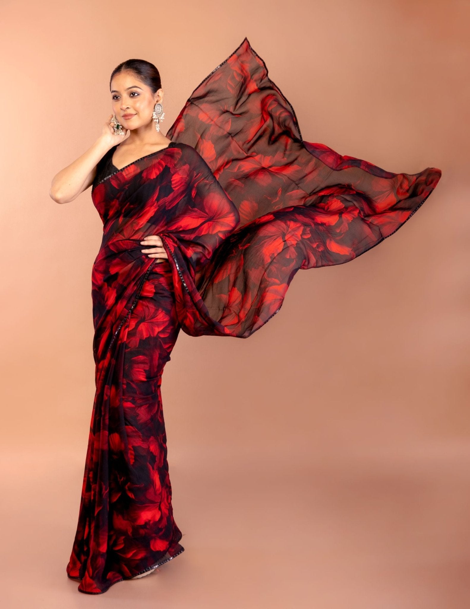 Black and Red Georgette Printed Saree With Sequin Border - Anvi Couture