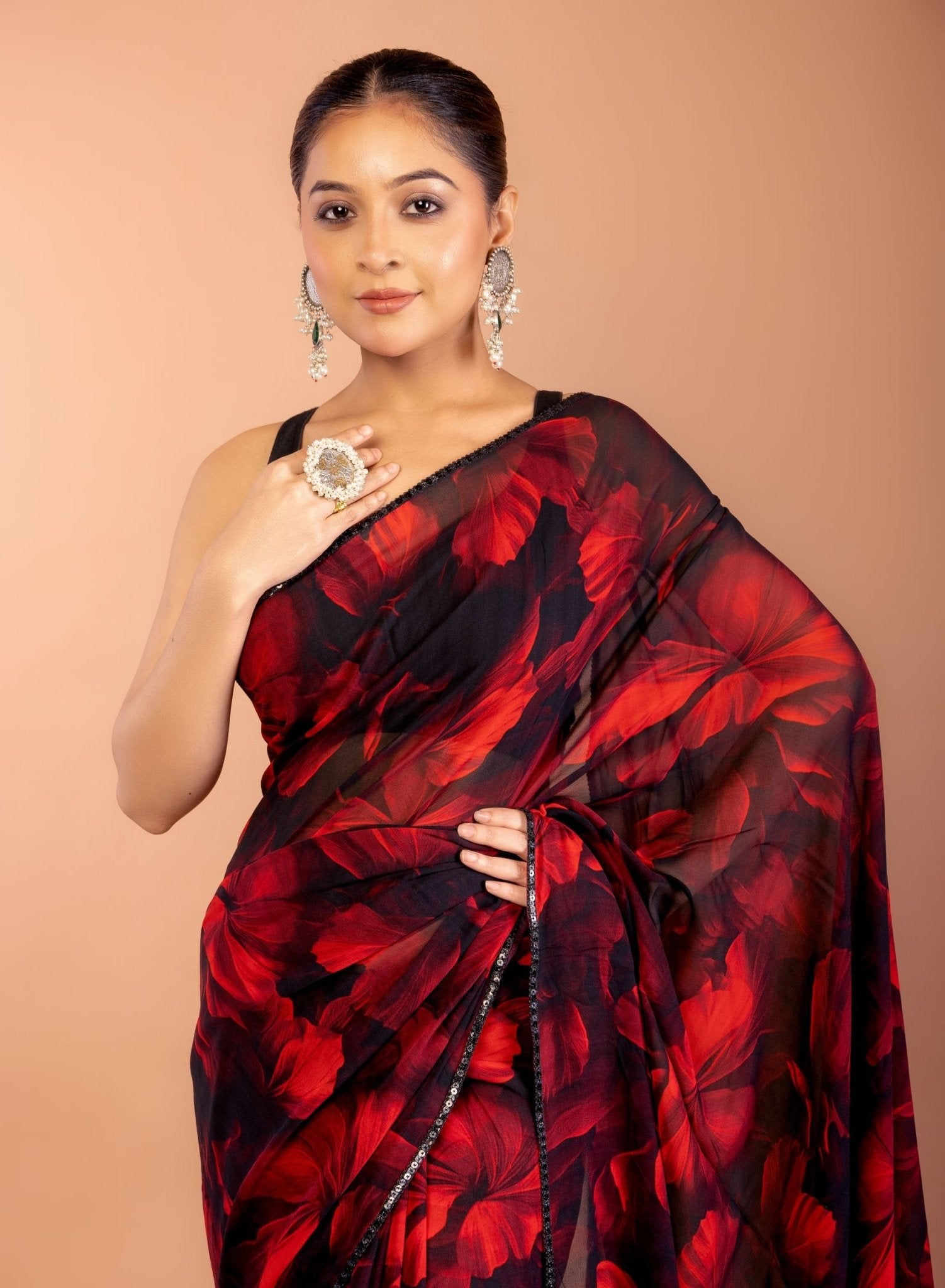 Black and Red Georgette Printed Saree With Sequin Border - Anvi Couture