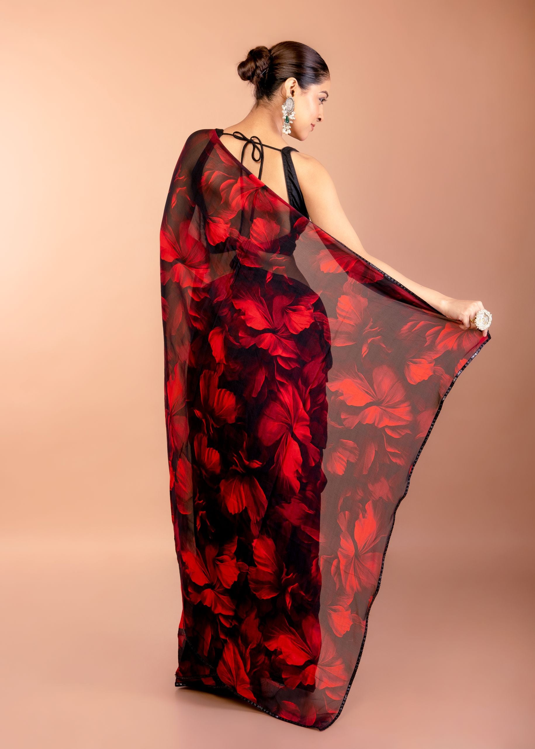 Black and Red Georgette Printed Saree With Sequin Border Back
