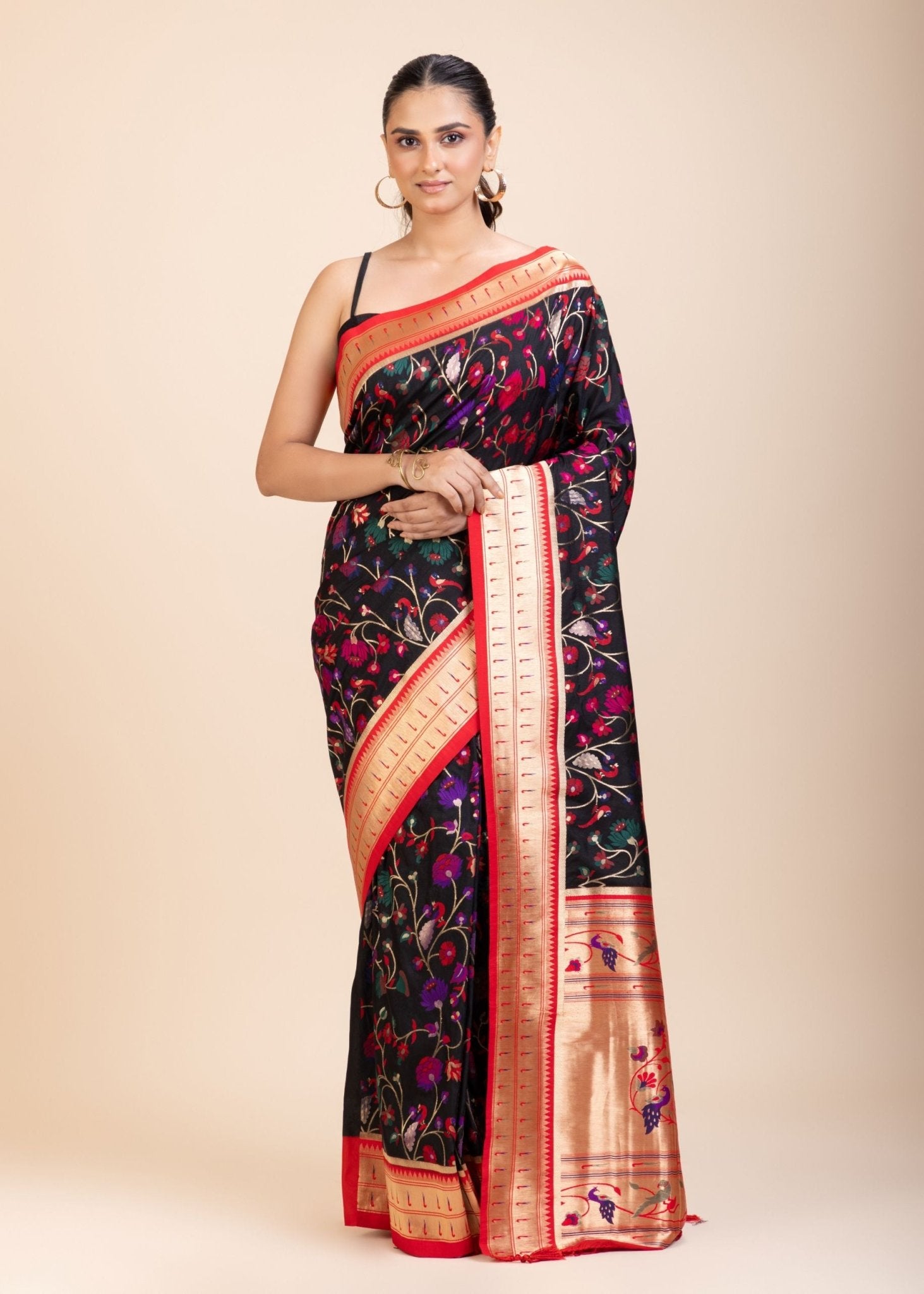 Black and Red Pathani Silk Saree - Anvi Couture