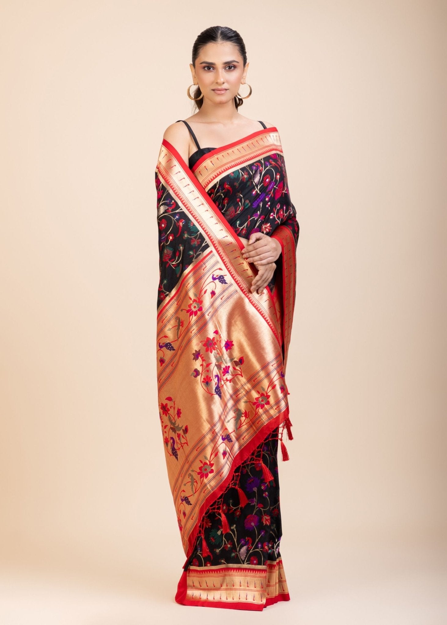 Black and Red Pathani Silk Saree - Anvi Couture