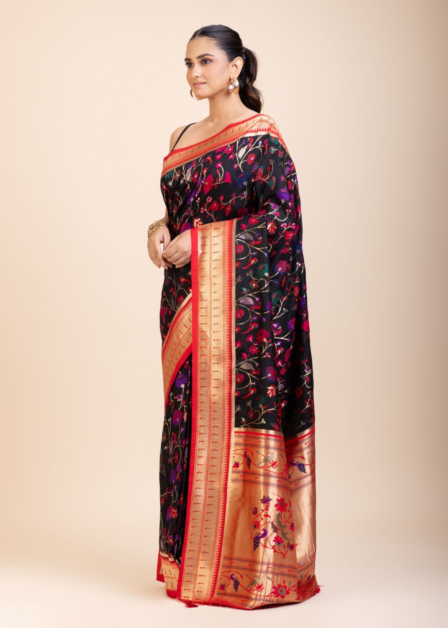 Black and Red Pathani Silk Saree - Anvi Couture