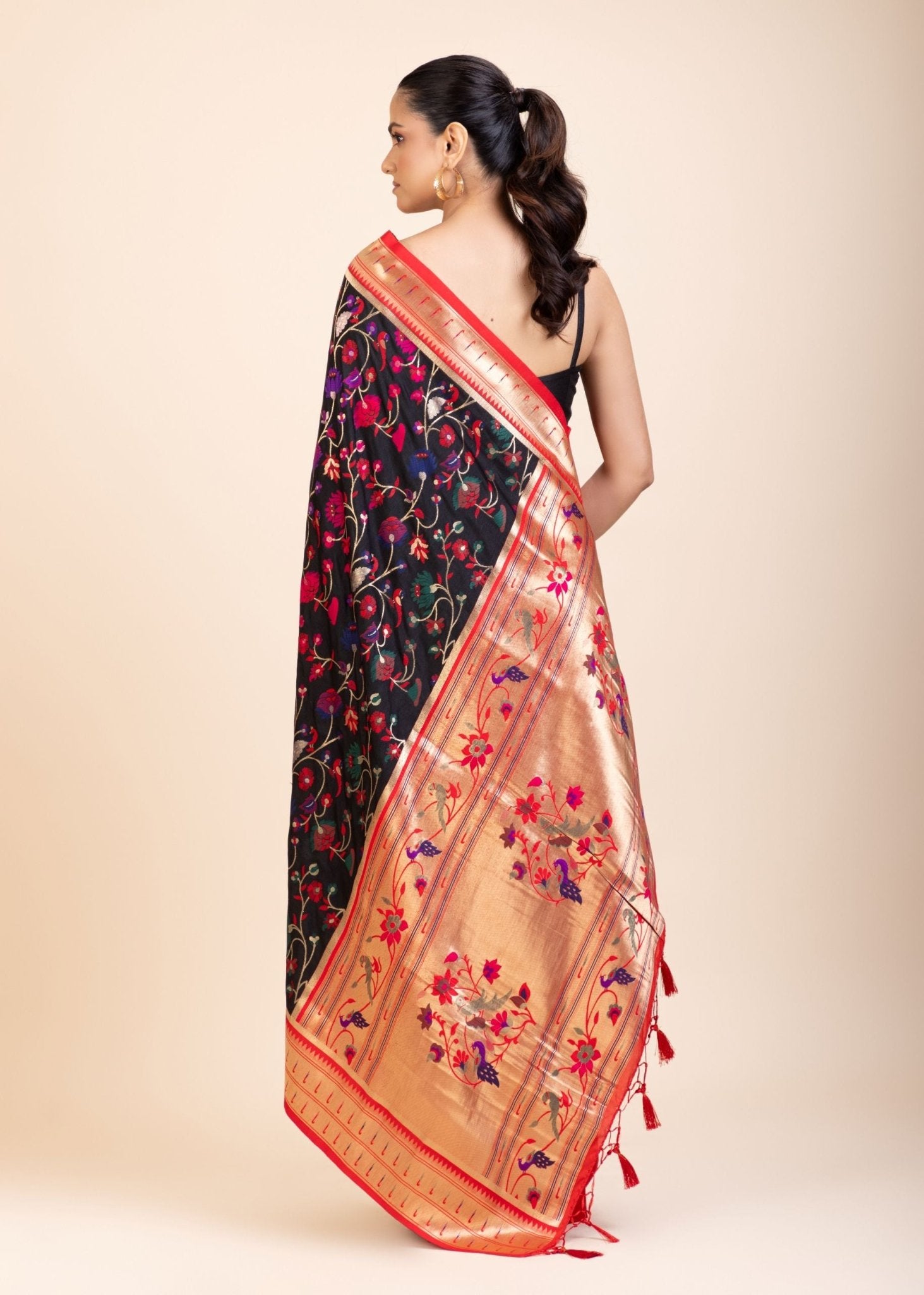 Black and Red Pathani Silk Saree - Anvi Couture