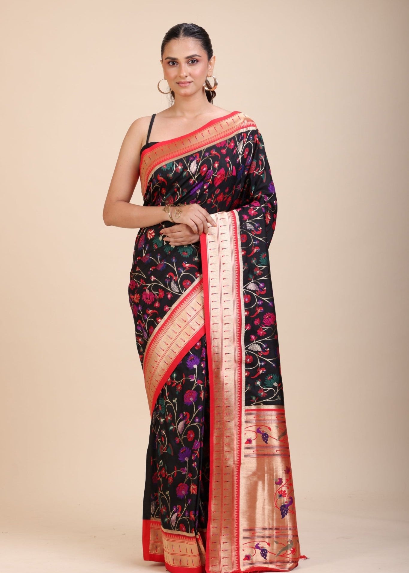 Black and Red Pathani Silk Saree - Anvi Couture